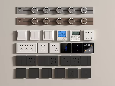 Various Gray and White Switch Panels with Digital Display Power Outlets and Switches 3d model