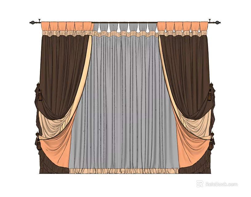 Elegant Brown Gray Beige Curtains with Pleated Top and Draped Sides for Home Decor 3d model 