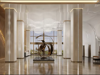 Modern Front Desk Reception Lobby With Chandelier Sculpture Columns And Floor-to-Ceiling Windows 3d model