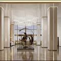 Modern Front Desk Reception Lobby With Chandelier Sculpture Columns And Floor-to-Ceiling Windows