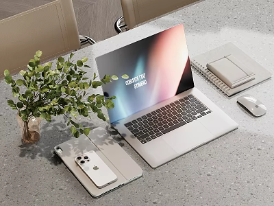 Modern Laptop With Phone Tablet Mouse And Notebook On Office Desk Green Plant 3d model