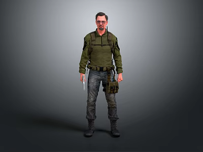 Game And Movie Character In Green Tactical Jacket With Holster Knife And Standing Pose 3d model