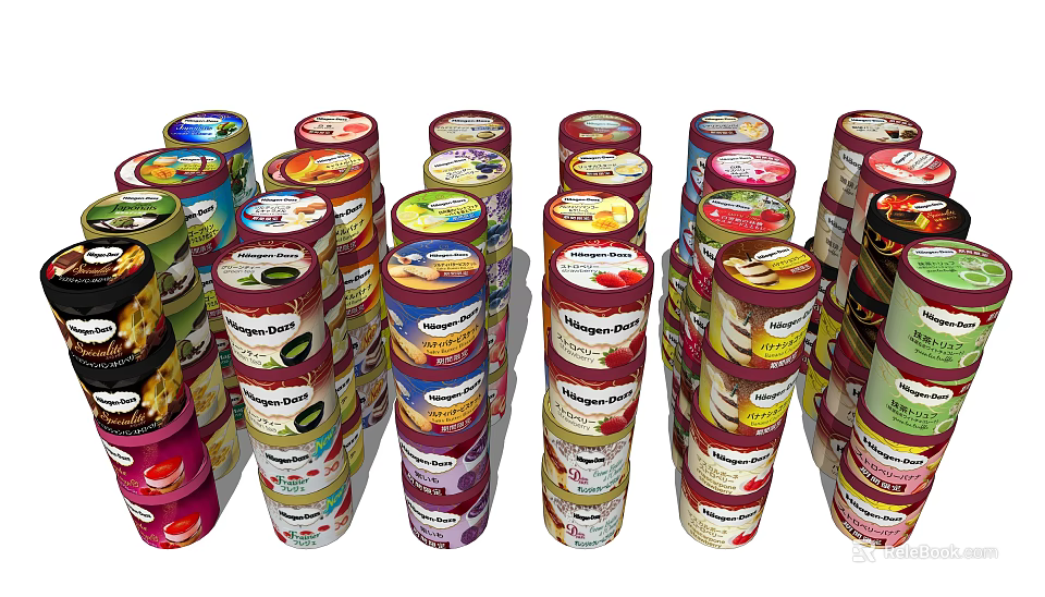 Various Colorful Canned Foods Stacked in Multiple Rows with Label Designs 3d model 