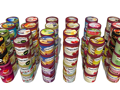 Various Colorful Canned Foods Stacked in Multiple Rows with Label Designs 3d model