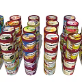 Various Colorful Canned Foods Stacked in Multiple Rows with Label Designs