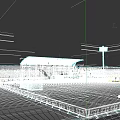 Modern Football Stadium Architecture With Red Seats Green Turf Roof Structure And Lighting Towers