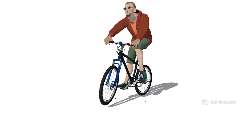 A Man Wearing Red Jacket And Green Shorts With Glasses Riding Blue Bicycle 3d model 