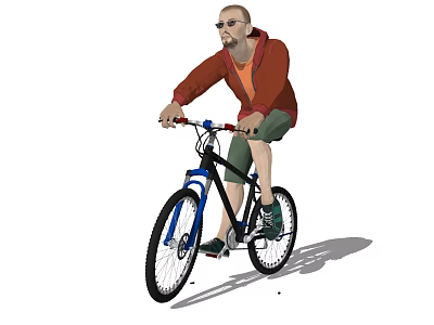 A Man Wearing Red Jacket And Green Shorts With Glasses Riding Blue Bicycle 3d model