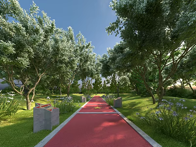 Red Pedestrian Pathway Facilities With Trees Lawn And Stone Decorations In Natural Park 3d model