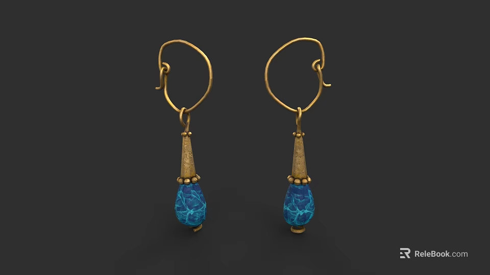 Elegant Golden Hoop Earrings With Teardrop Textured Blue Gemstone Dangle Design 3d model 