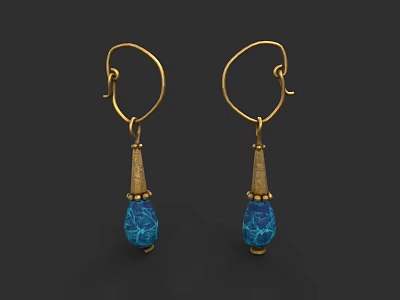 Elegant Golden Hoop Earrings With Teardrop Textured Blue Gemstone Dangle Design 3d model