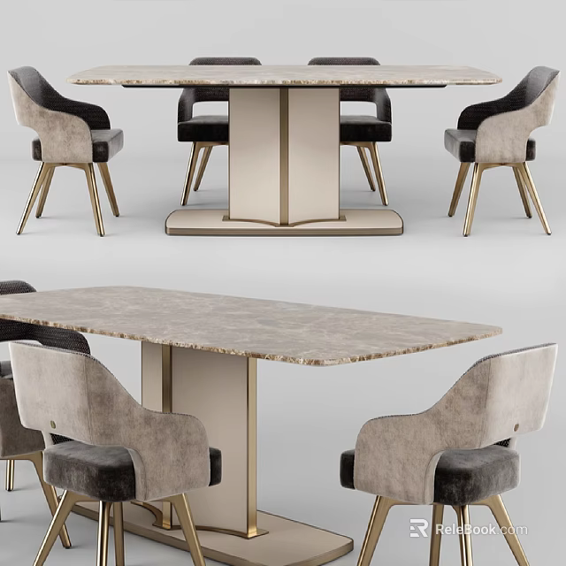 Modern Dining Table and Chairs Set with Marble Tabletop Upholstered Seats and Gold Metal Legs 3d model 