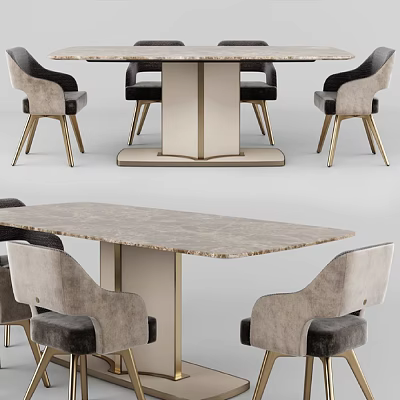 Modern Dining Table and Chairs Set with Marble Tabletop Upholstered Seats and Gold Metal Legs 3d model