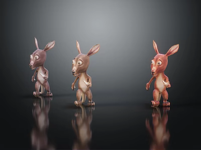 Three Different Colored Standing Cartoon Kangaroo Characters With Dark Background Reflections 3d model