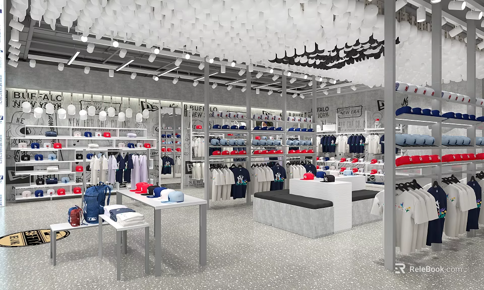 Modern Clothing Store Interior with Hanging Apparel Shelves Display Tables and Colorful Outfits 3d model 