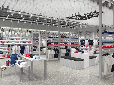 Modern Clothing Store Interior with Hanging Apparel Shelves Display Tables and Colorful Outfits 3d model