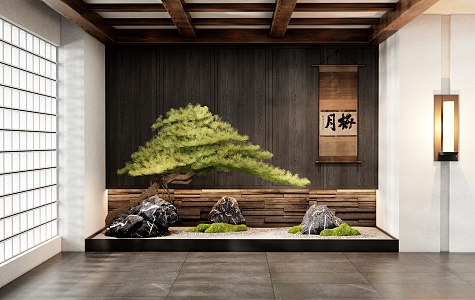 New Chinese style interior landscape courtyard sketch landscape stone moss landscape pine withered landscape 3d model