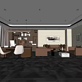 Modern Office Interior Design With Desk Chairs Sofa Bookshelves Hanging Lighting And Wall Art