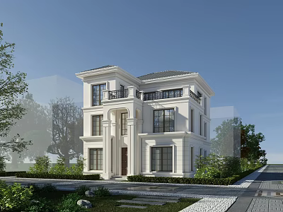 White Two Story Detached Villa With Balcony And Landscaped Garden 3d model