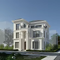 White Two Story Detached Villa With Balcony And Landscaped Garden