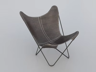 Modern Dark Leather Lounge Chair With Butterfly Design White Stitching And Metal Frame 3d model