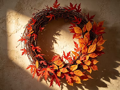 Hanging Decoration With Red Orange Autumn Leaves And Twig Wreath Design 3d model