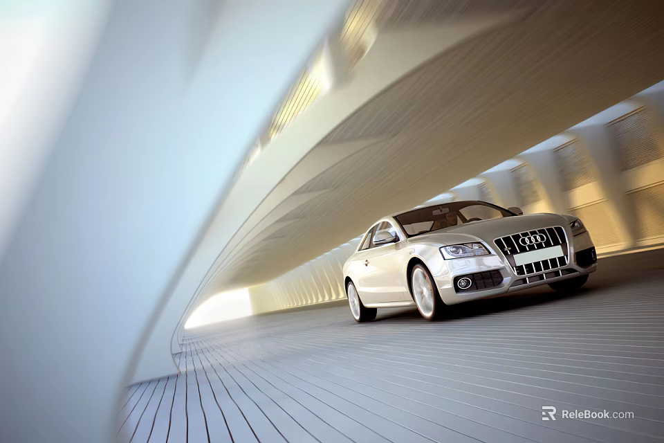Sleek Modern Luxury Sedan Driving Through Bright Architectural Tunnel With Streamlined Design 3d model 