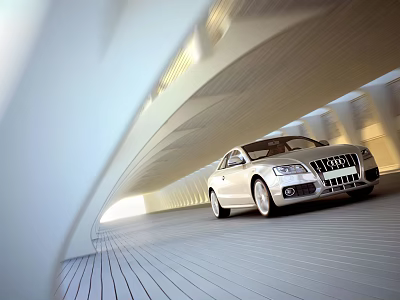 Sleek Modern Luxury Sedan Driving Through Bright Architectural Tunnel With Streamlined Design 3d model