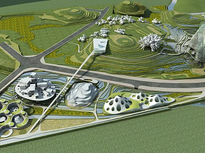 Aerial Planning with Curved Roads Green Grasslands and Unique Architectural Structures 3d model