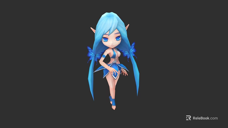 Blue Haired Elf Character With Butterfly Wings And Blue Outfit 3d model 