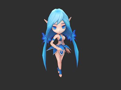 Blue Haired Elf Character With Butterfly Wings And Blue Outfit 3d model