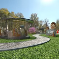 Park Landscape With Pink Flowering Trees Green Grass Stone Pathway And Wooden Pavilions