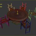 Round Wooden Dining Table Set With Five Red Chairs Patterned Tablecloth And Center Candle