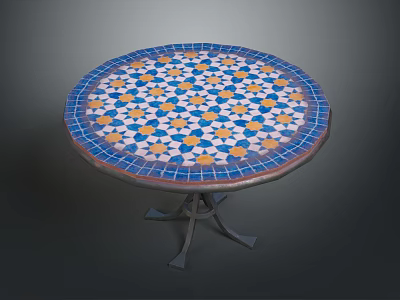 Round Dining Table With Blue Yellow White Mosaic Pattern And Metal Legs 3d model