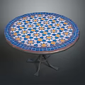 Round Dining Table With Blue Yellow White Mosaic Pattern And Metal Legs 3d model