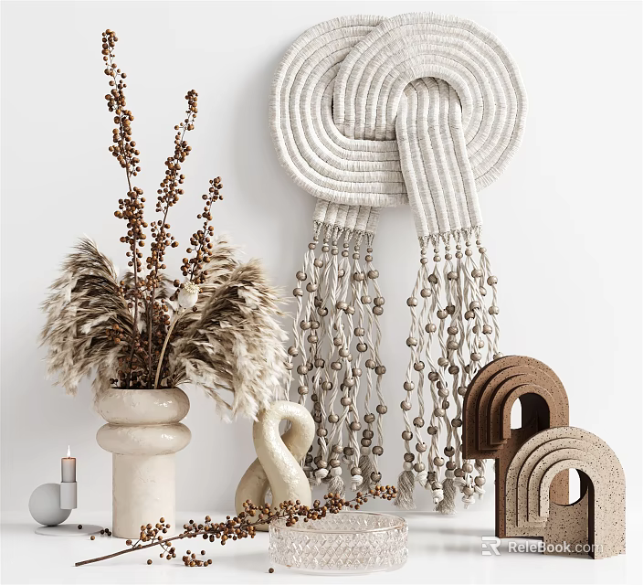Bohemian Decorative Ornament Set with Macramé Wall Hanging Dried Pampas Grass and Ceramic Swan Figurines 3d model 
