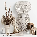 Bohemian Decorative Ornament Set with Macramé Wall Hanging Dried Pampas Grass and Ceramic Swan Figurines
