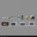 White Shelf Displaying Various Kitchen Appliances Including Toasters Coffee Makers Blenders Timers And Microwaves