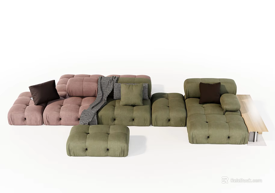 Pink and Green Modular Sectional Sofa with Pillows Throw Blanket and Side Table 3d model