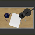 Wooden Desk Setup With Black Desk Lamp Pen Holder Blank Paper Pencil And Sharpener