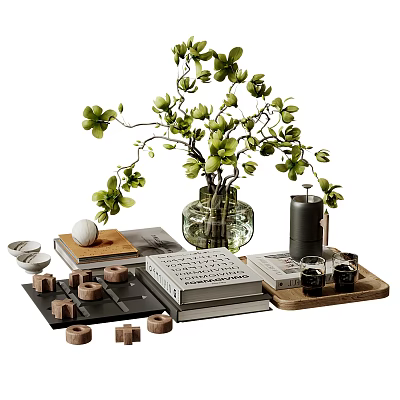 Ornamental Decor Set With Green Plant In Glass Vase Books Wooden Tray Glasses And Blocks 3d model
