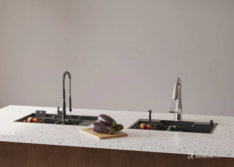 Modern Kitchen Faucets on Countertop with Black Sinks and Fresh Vegetables on Cutting Board 3d model 