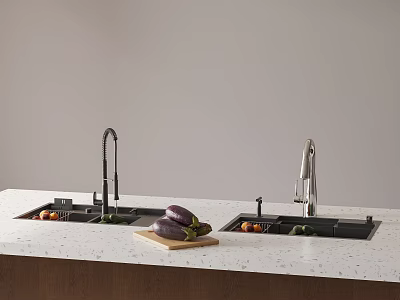 Modern Kitchen Faucets on Countertop with Black Sinks and Fresh Vegetables on Cutting Board 3d model