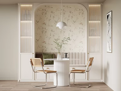 Round White Dining Table Set With Two Wooden Chairs Floral Wallpaper Arched Wall Pendant Light 3d model