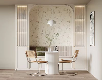 Round White Dining Table Set With Two Wooden Chairs Floral Wallpaper Arched Wall Pendant Light 3d model