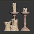 Three Candle Holders With Copper Bases And Burned Beige Candles Against Dark Background