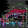 Modern Commercial Complex Featuring Brick Exterior Large Glass Windows Tree Lined Street And Pedestrians