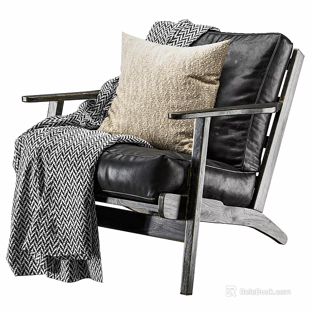 Black Leather Leisure Chair With Wooden Frame Beige Pillow And Chevron Blanket 3d model 