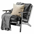 Black Leather Leisure Chair With Wooden Frame Beige Pillow And Chevron Blanket
