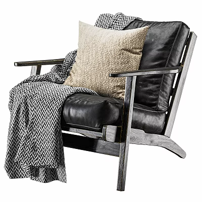 Black Leather Leisure Chair With Wooden Frame Beige Pillow And Chevron Blanket 3d model